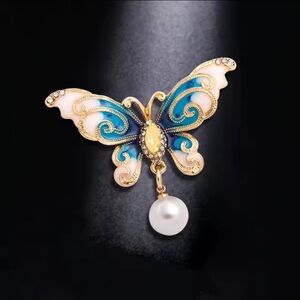 Unique vintage anthro blue and Gold Butterfly Brooch